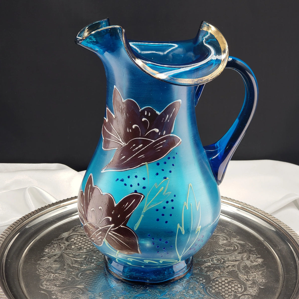 Antique Lemonade Pitcher - Azure Blue - Hand Painted - Possible Northwood Glass