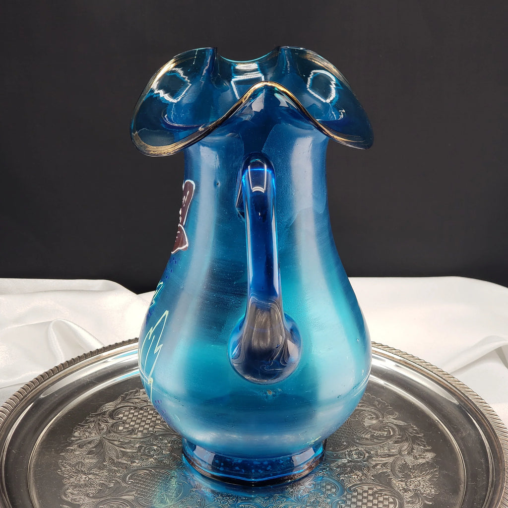 Antique Lemonade Pitcher - Azure Blue - Hand Painted - Possible Northwood Glass