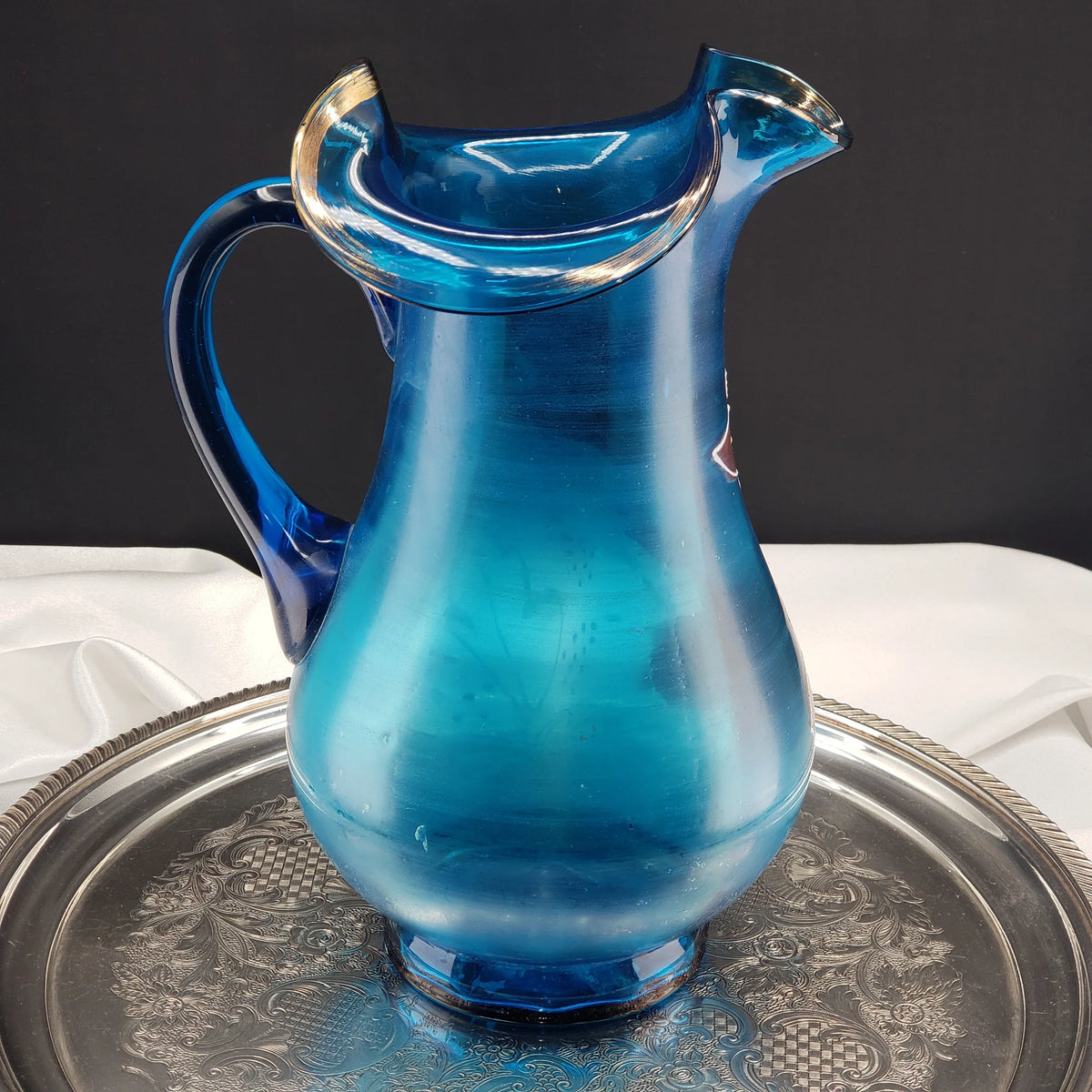 Antique Lemonade Pitcher - Azure Blue - Hand Painted - Possible Northwood Glass
