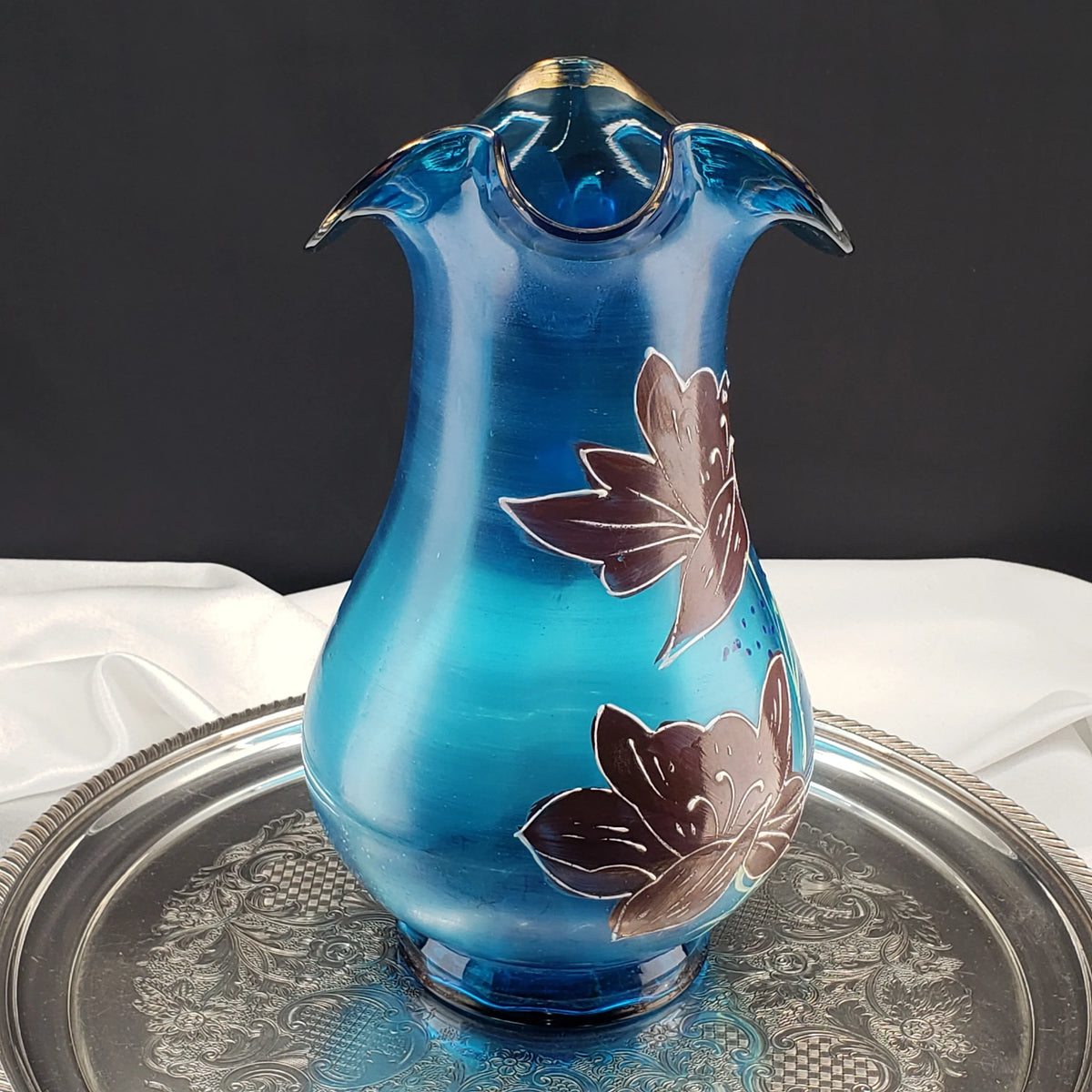 Antique Lemonade Pitcher - Azure Blue - Hand Painted - Possible Northwood Glass