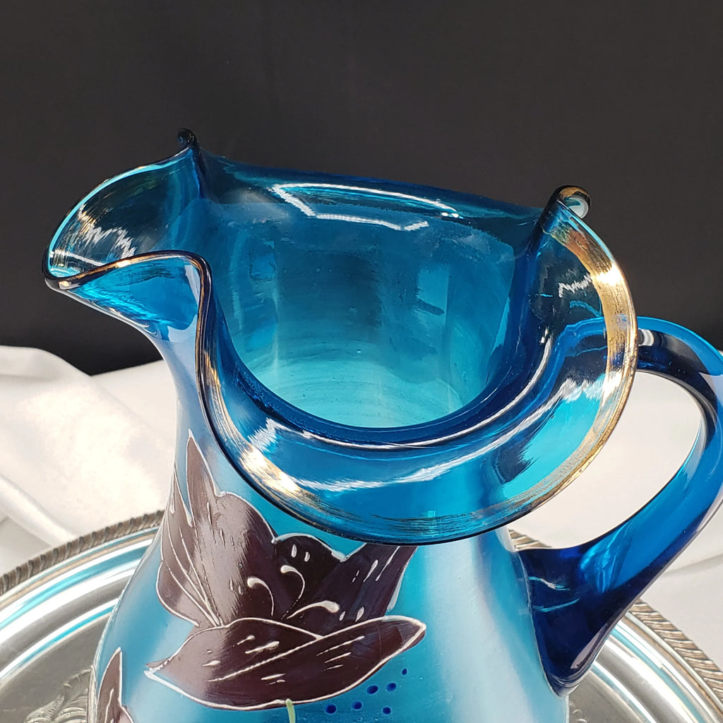 Antique Lemonade Pitcher - Azure Blue - Hand Painted - Possible Northwood Glass
