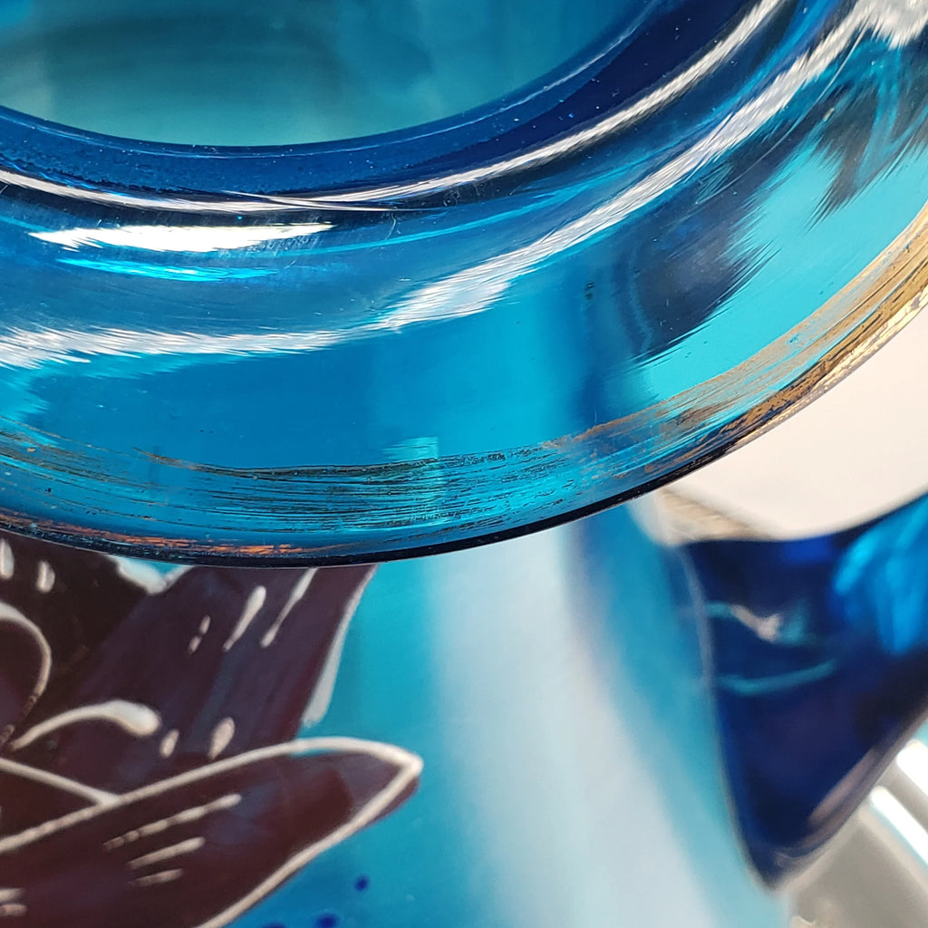 Antique Lemonade Pitcher - Azure Blue - Hand Painted - Possible Northwood Glass