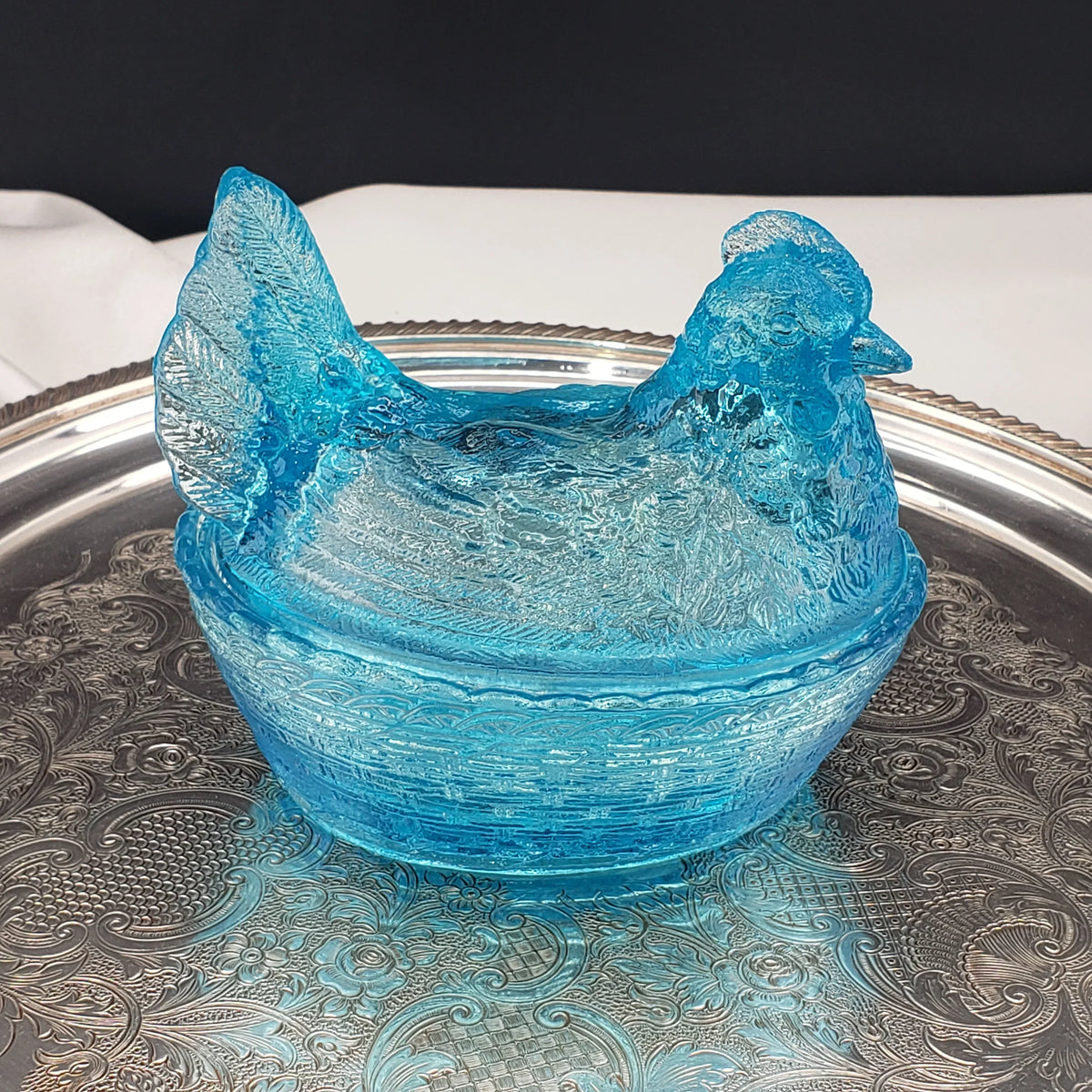 Vintage Ice Blue Glass Hen On A Nest - Medium Size