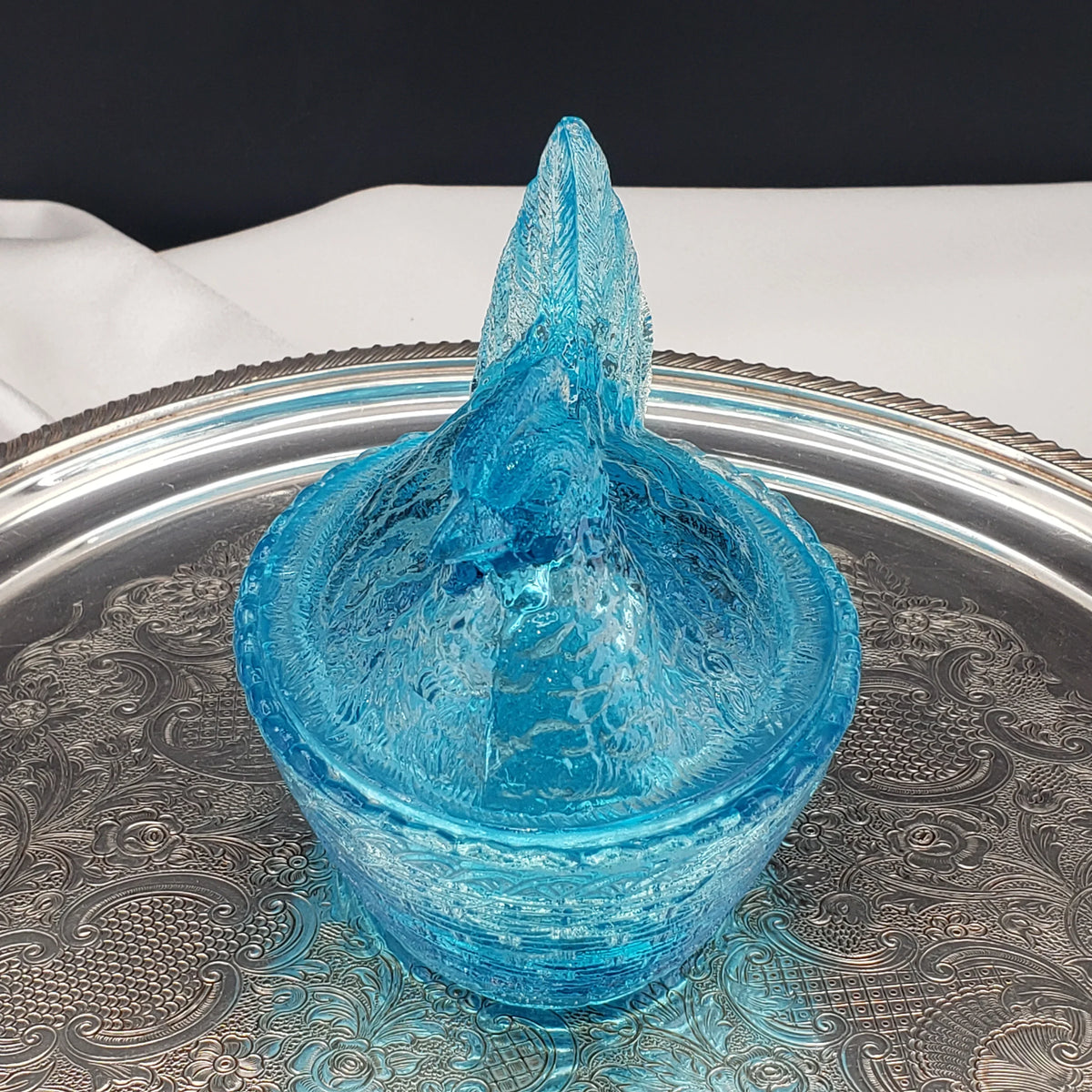 Vintage Ice Blue Glass Hen On A Nest - Medium Size