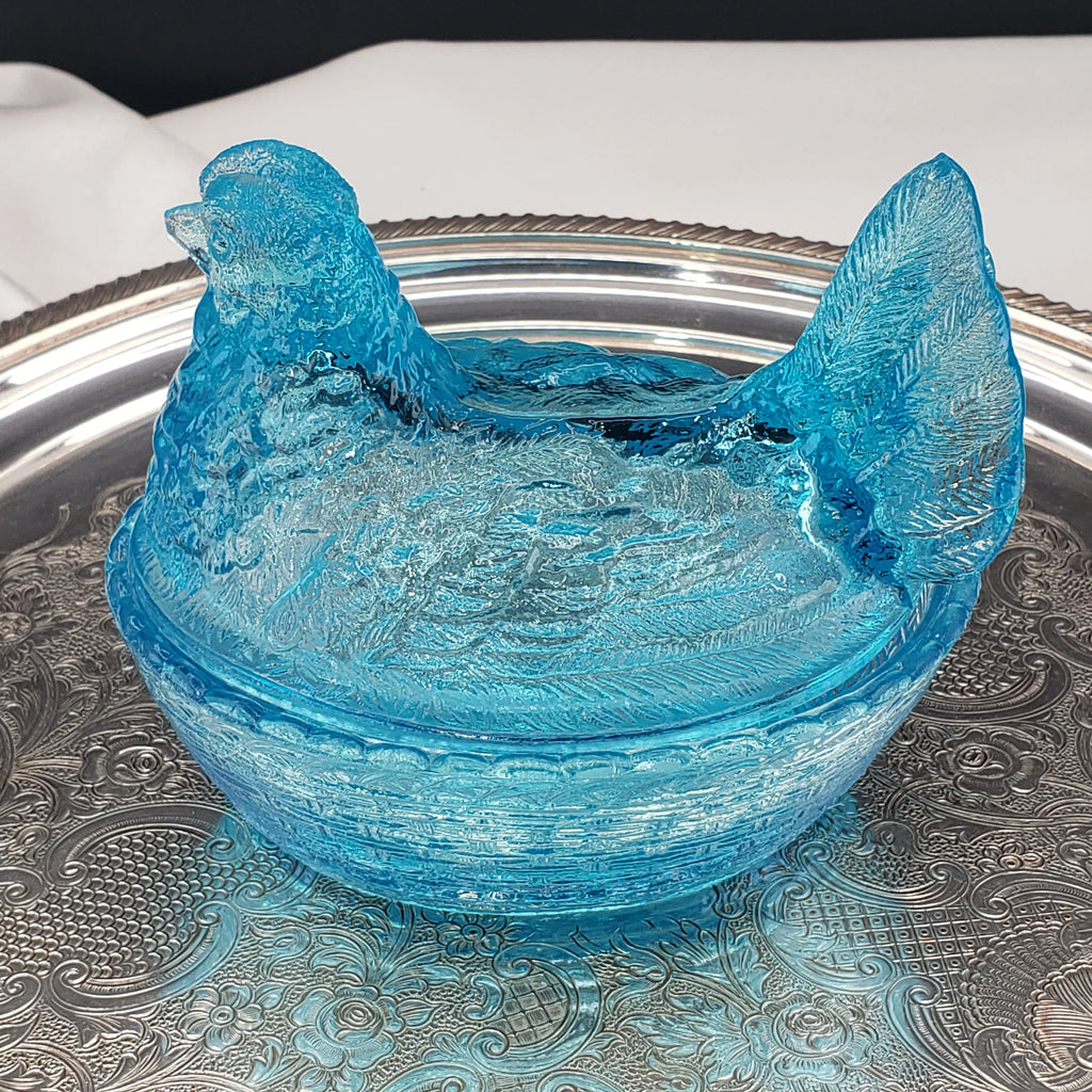 Vintage Ice Blue Glass Hen On A Nest - Medium Size