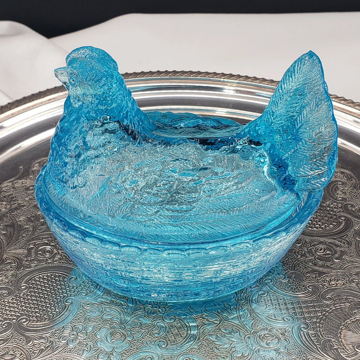 Vintage Ice Blue Glass Hen On A Nest - Medium Size