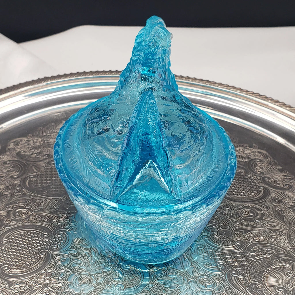 Vintage Ice Blue Glass Hen On A Nest - Medium Size