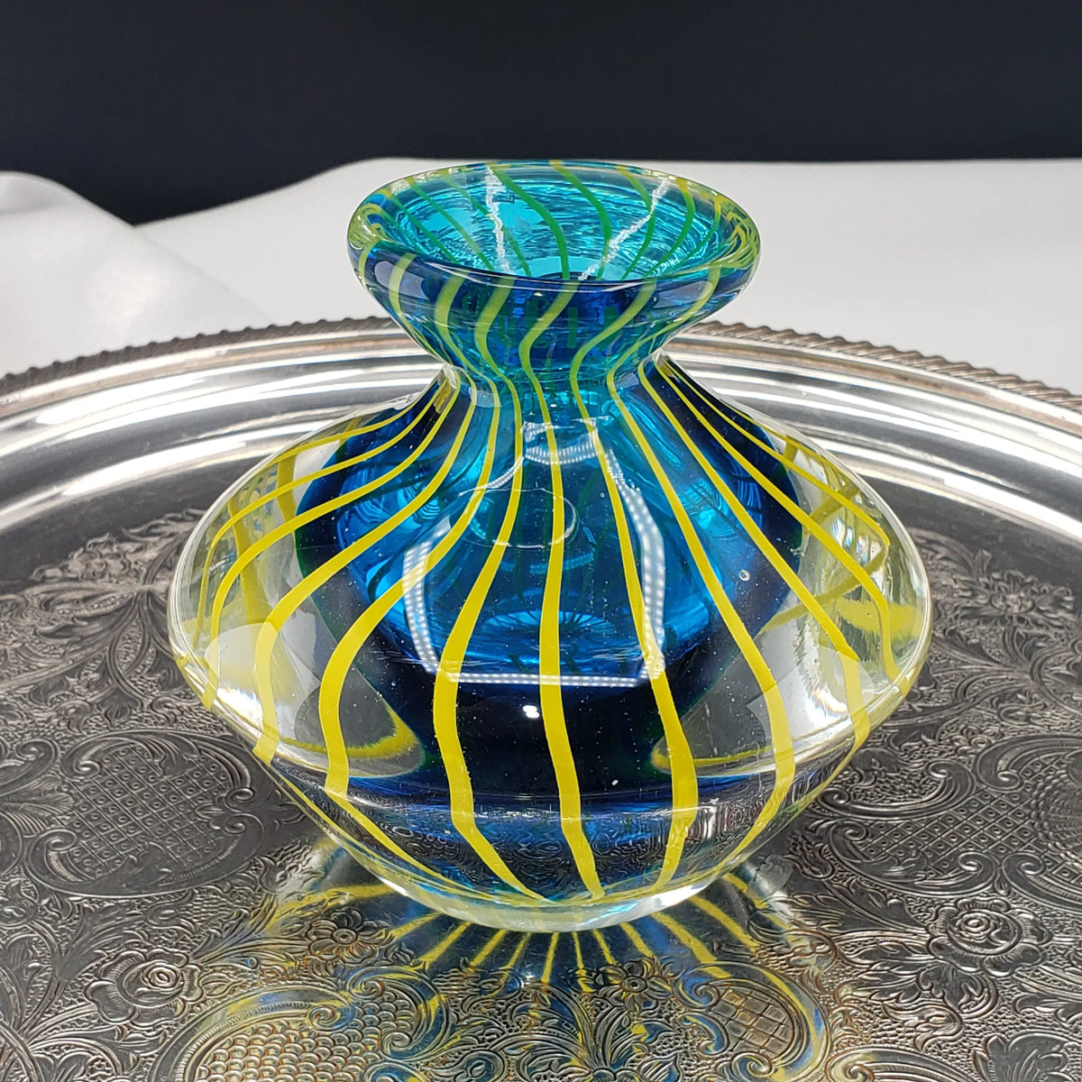 Hand Blown Art Glass Bud Vase - Blue & Yellow Cased Paperweight