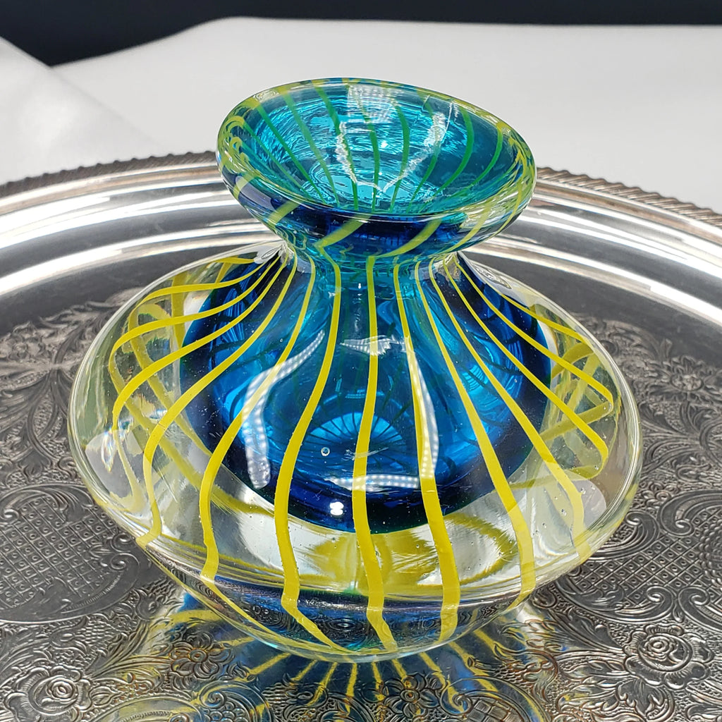 Hand Blown Art Glass Bud Vase - Blue & Yellow Cased Paperweight