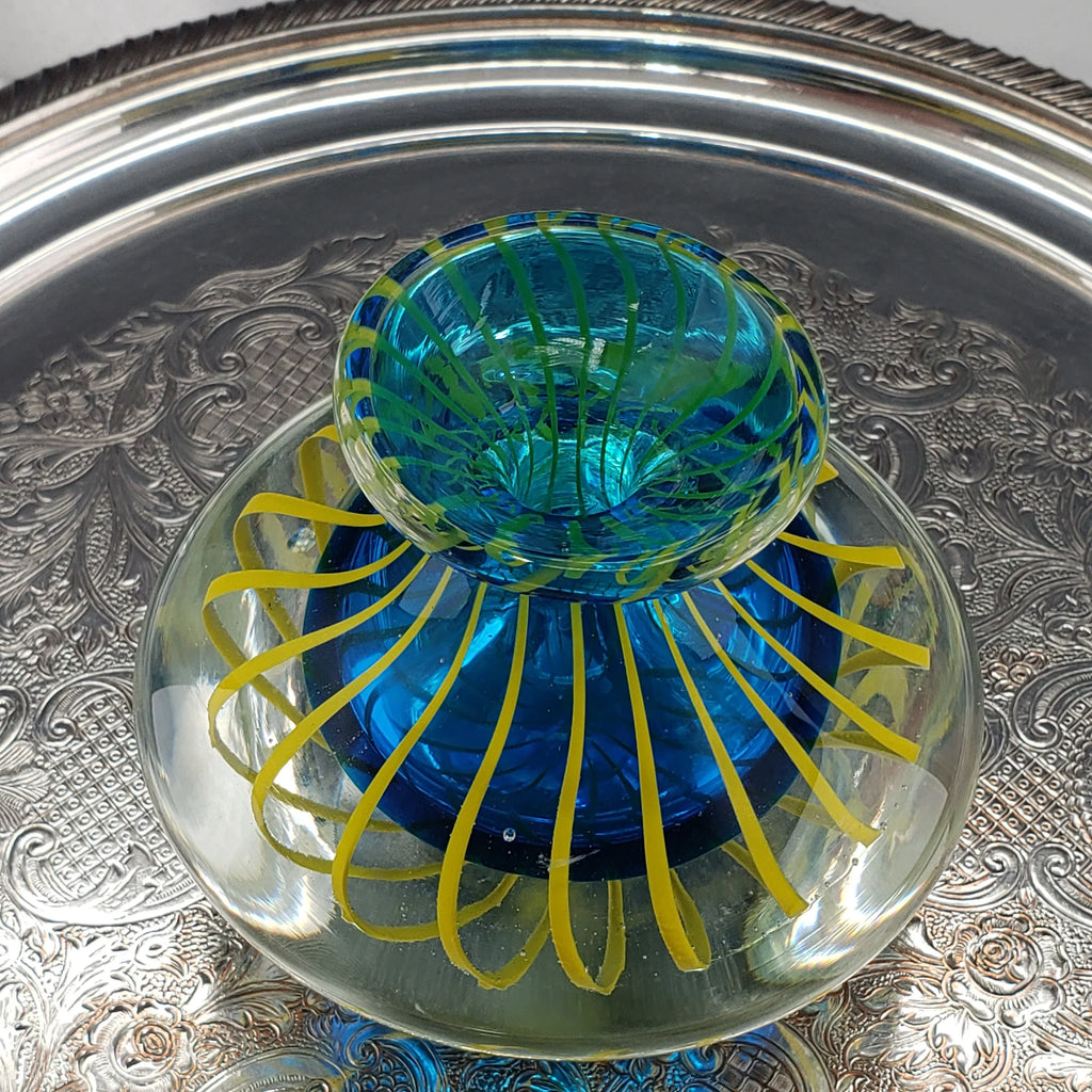 Hand Blown Art Glass Bud Vase - Blue & Yellow Cased Paperweight