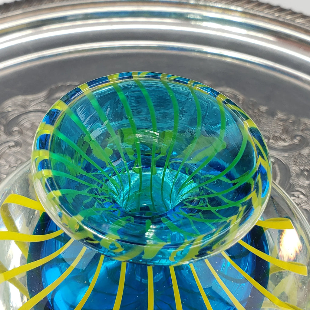 Hand Blown Art Glass Bud Vase - Blue & Yellow Cased Paperweight