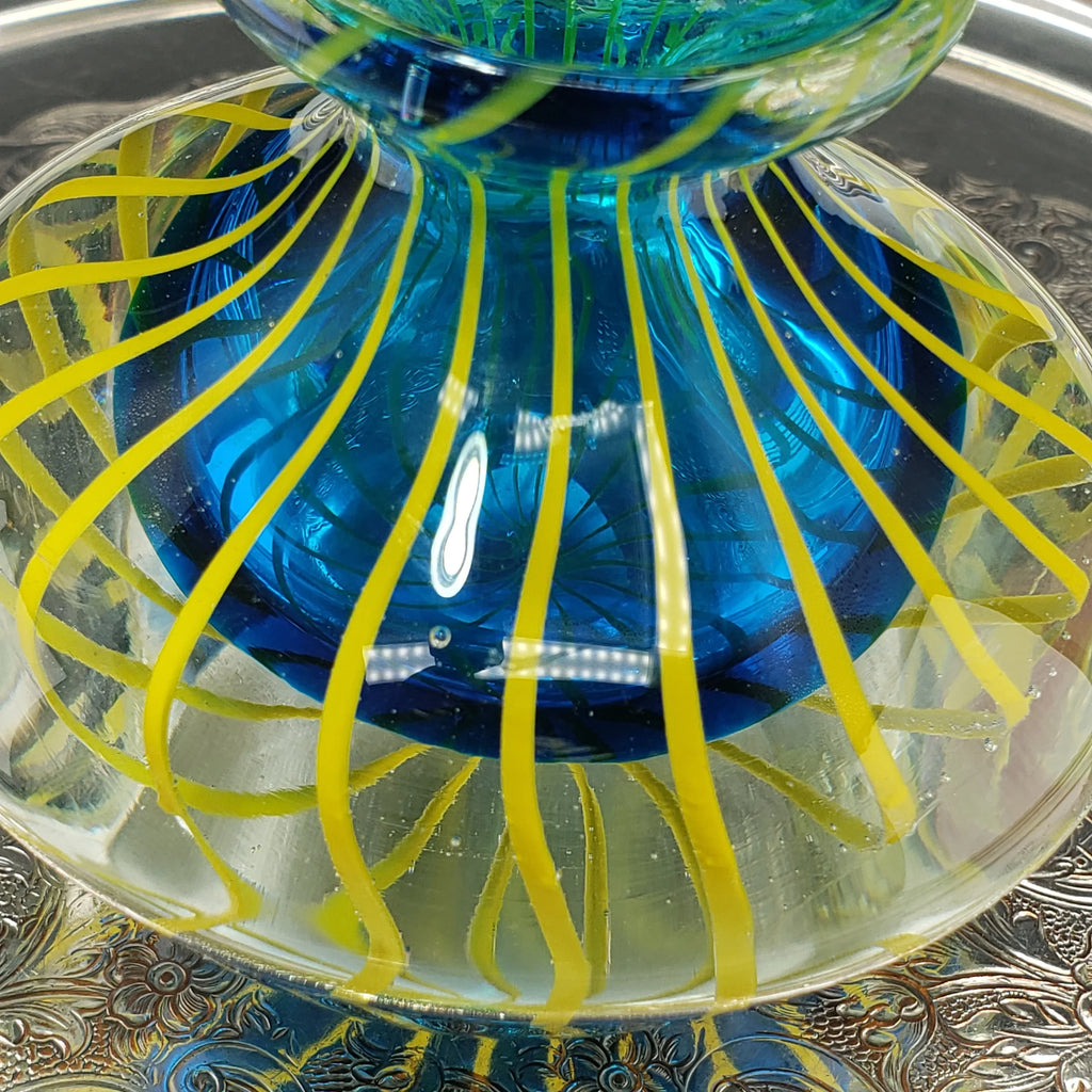 Hand Blown Art Glass Bud Vase - Blue & Yellow Cased Paperweight