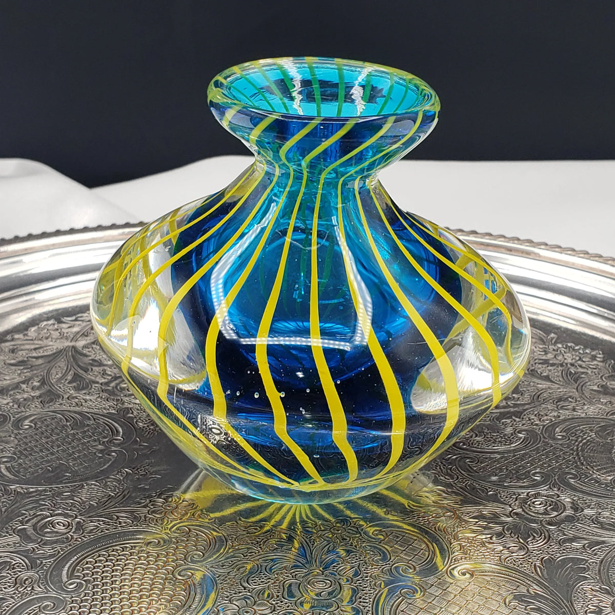 Hand Blown Art Glass Bud Vase - Blue & Yellow Cased Paperweight