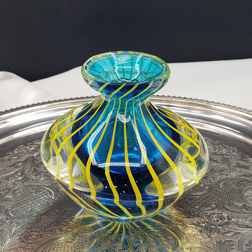 Hand Blown Art Glass Bud Vase - Blue & Yellow Cased Paperweight