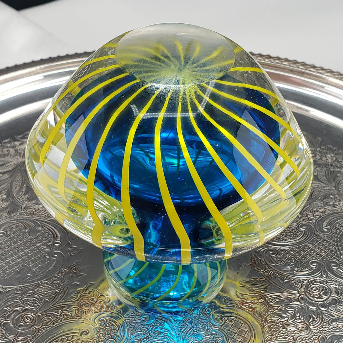 Hand Blown Art Glass Bud Vase - Blue & Yellow Cased Paperweight