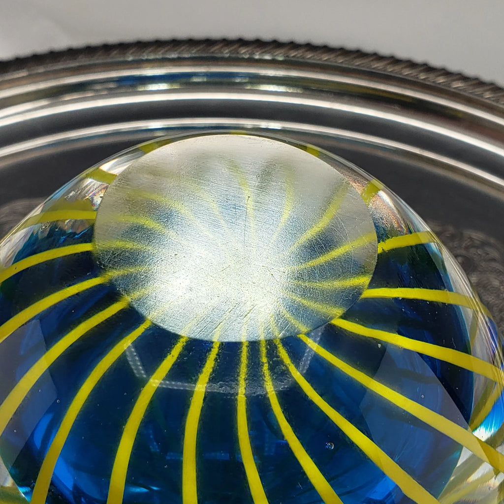 Hand Blown Art Glass Bud Vase - Blue & Yellow Cased Paperweight