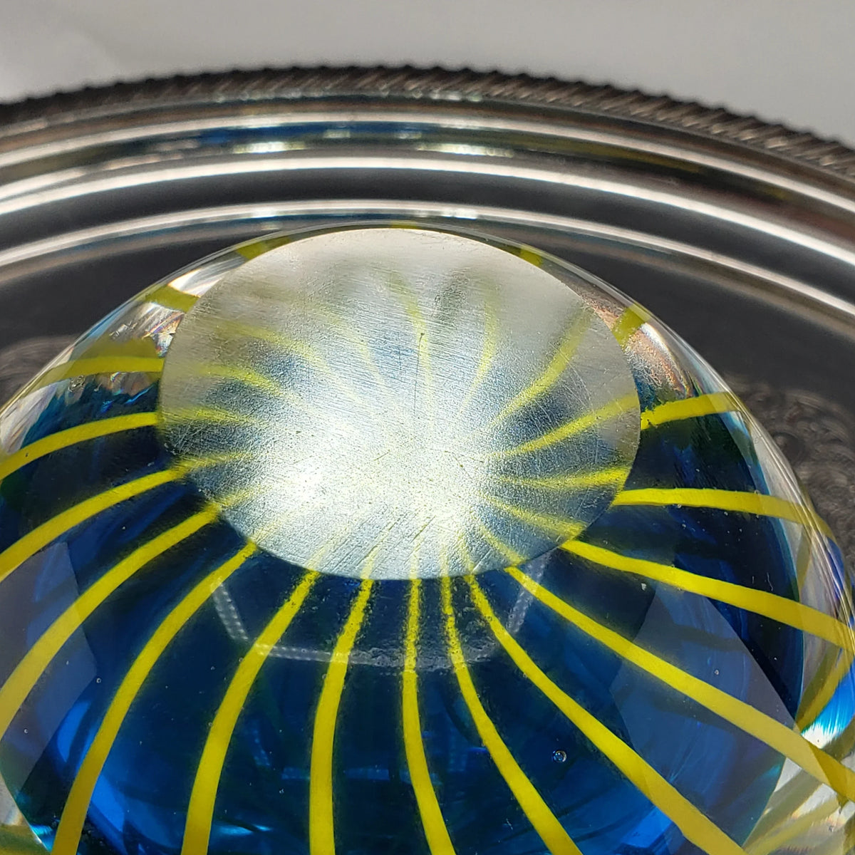 Hand Blown Art Glass Bud Vase - Blue & Yellow Cased Paperweight