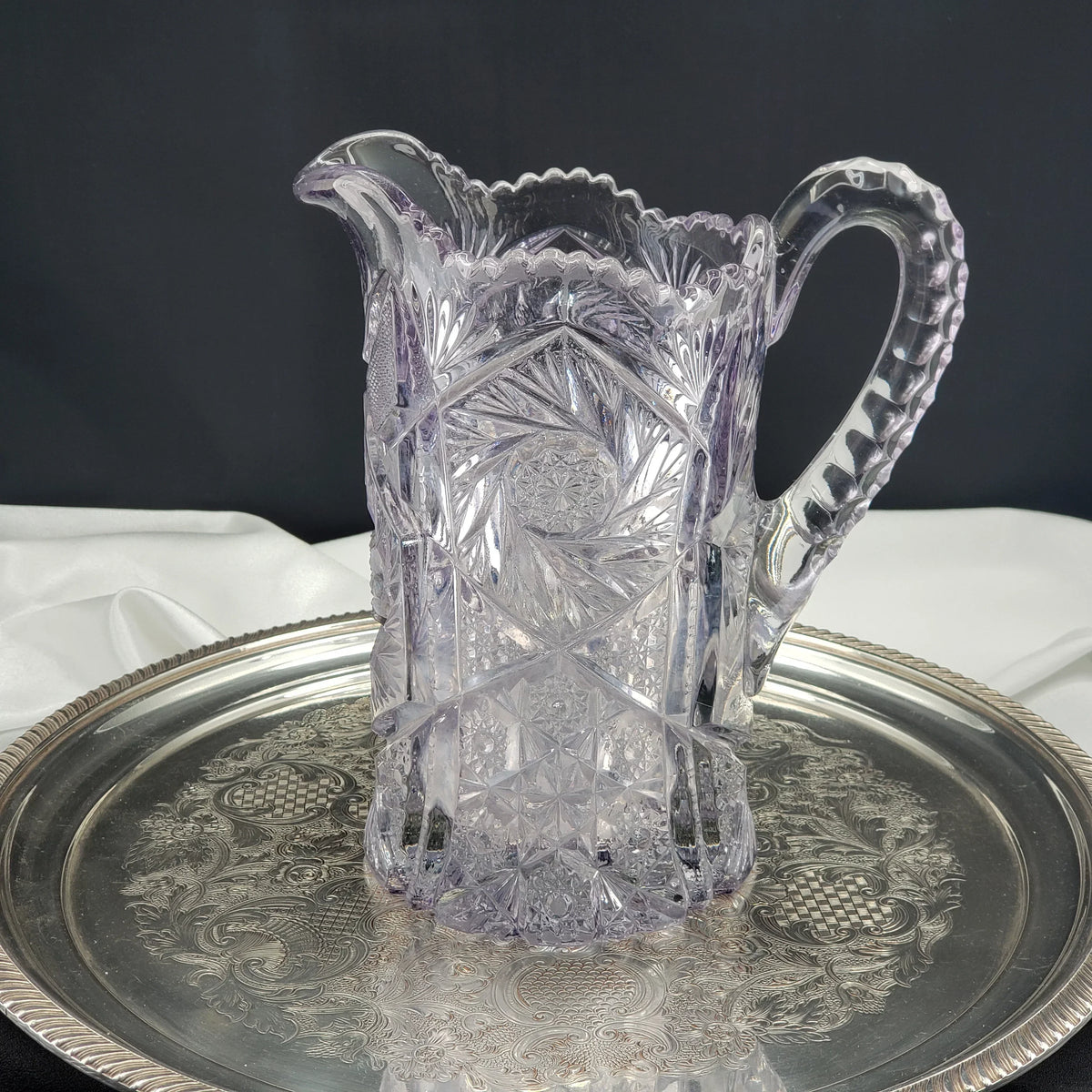 Amethyst Glass Pitcher - Art Cut Line - US Glass Co. - ca 1913