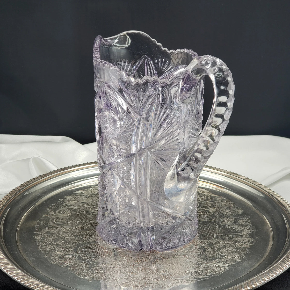 Amethyst Glass Pitcher - Art Cut Line - US Glass Co. - ca 1913