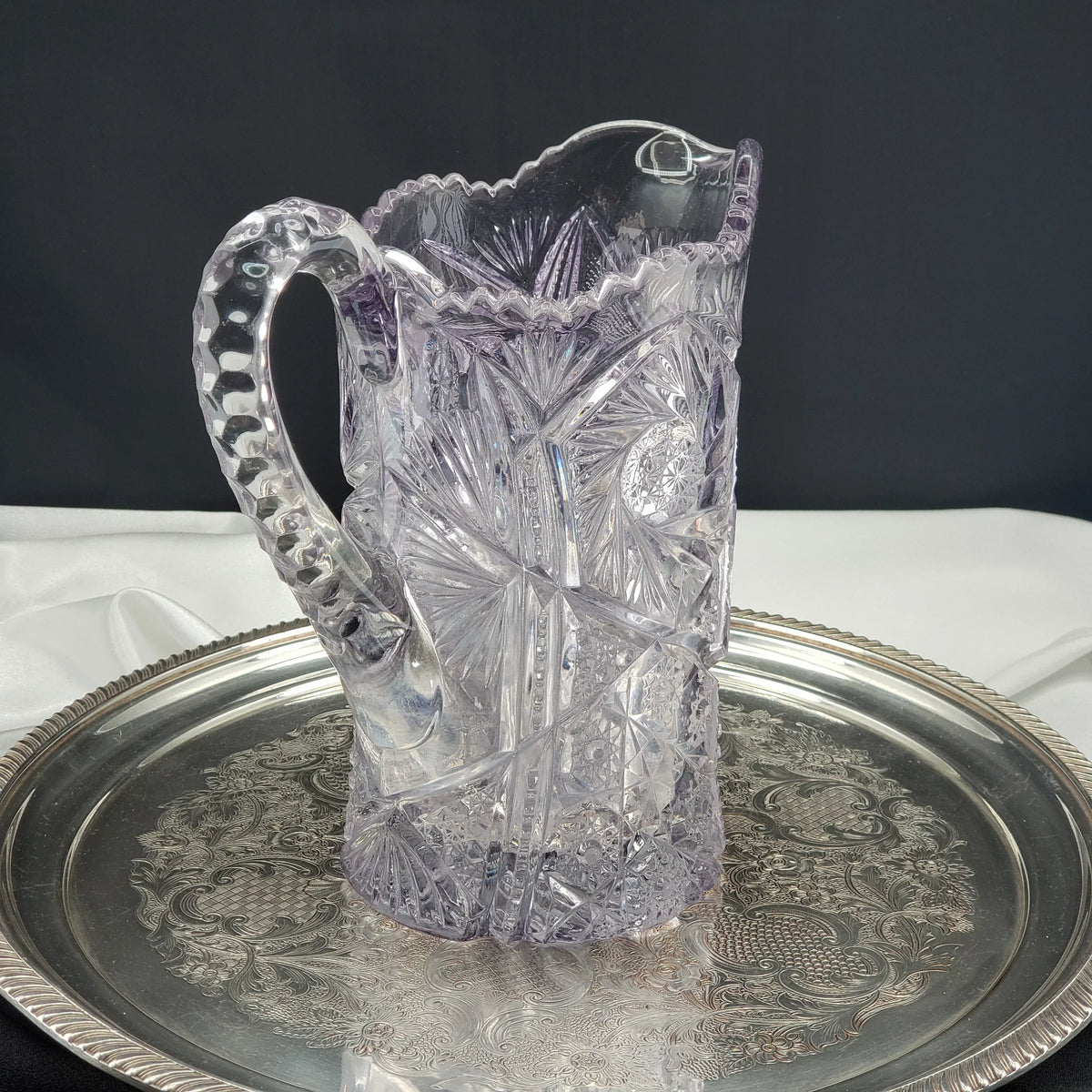Amethyst Glass Pitcher - Art Cut Line - US Glass Co. - ca 1913