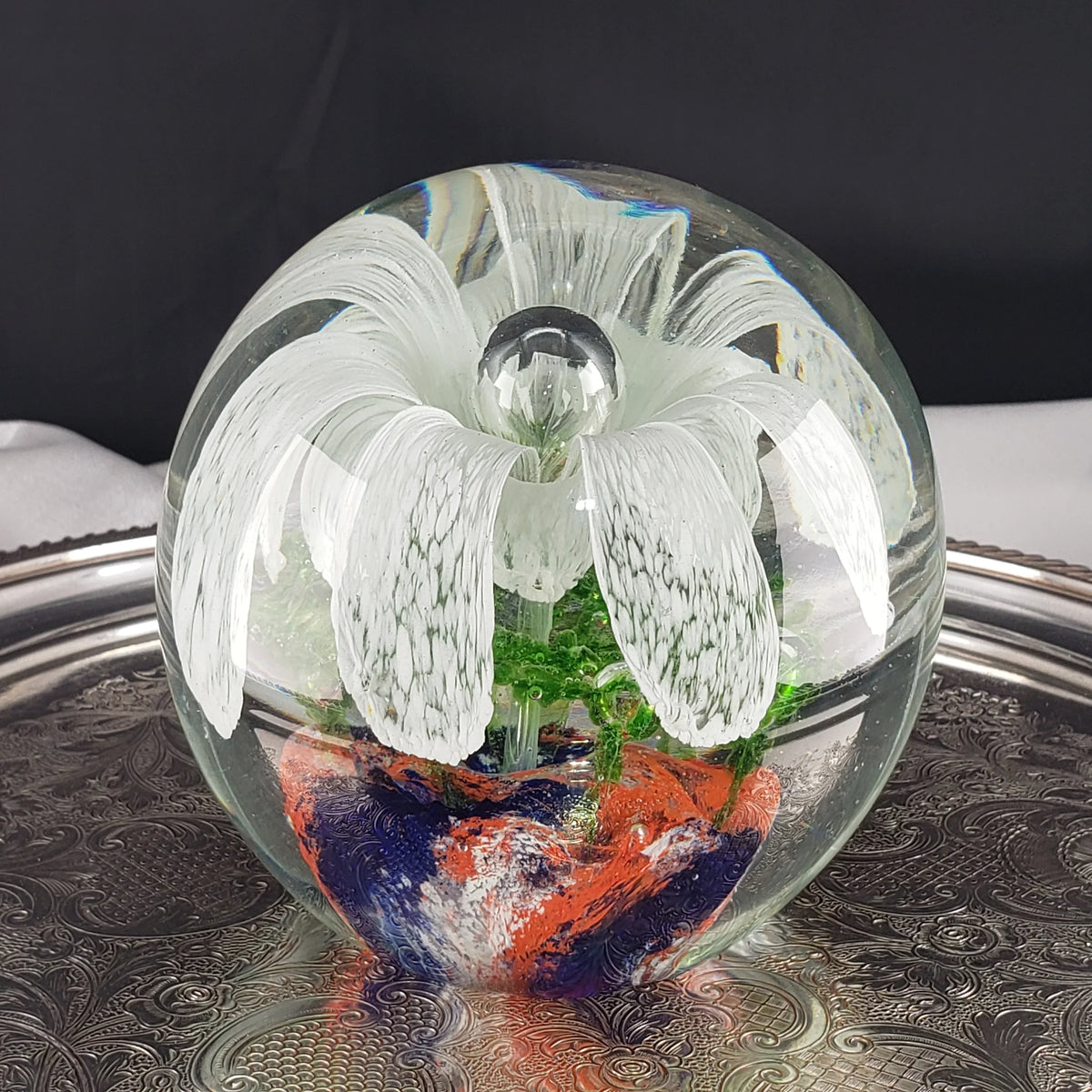 Large Glass Paperweight – Controlled Bubble With White Flower Petals