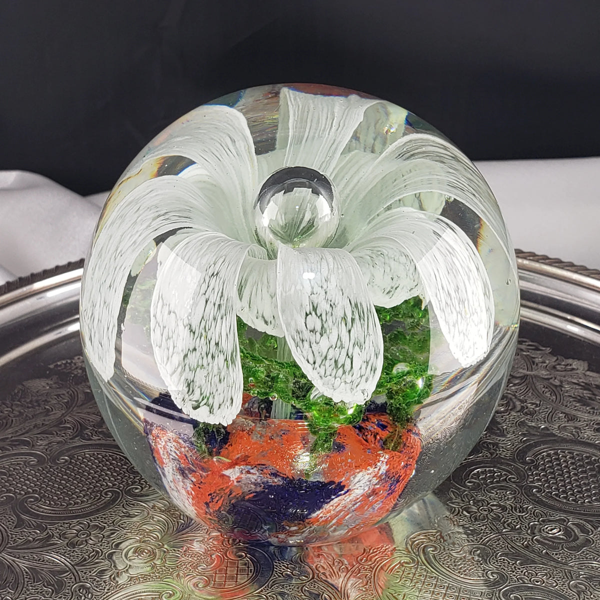 Large Glass Paperweight – Controlled Bubble With White Flower Petals