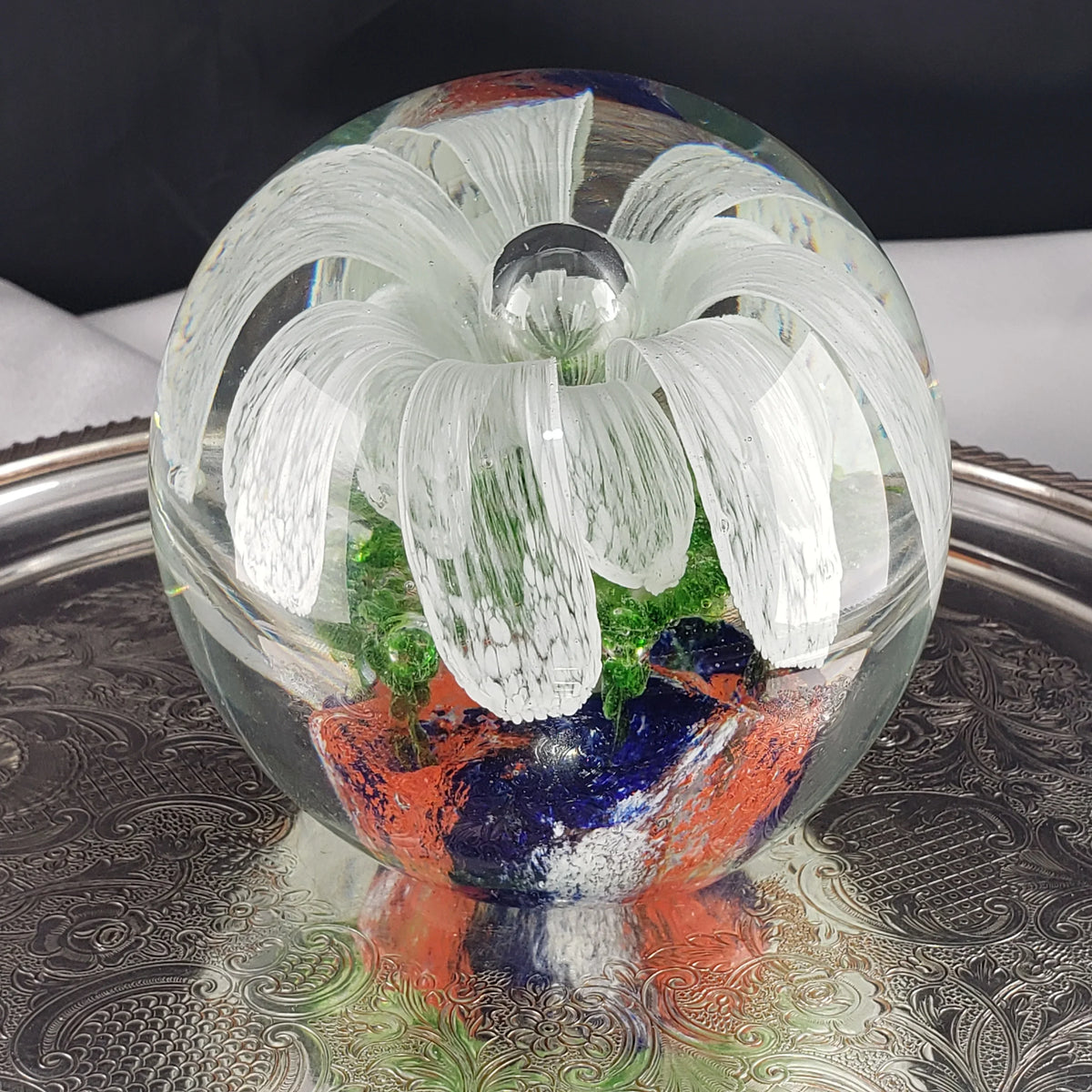 Large Glass Paperweight – Controlled Bubble With White Flower Petals