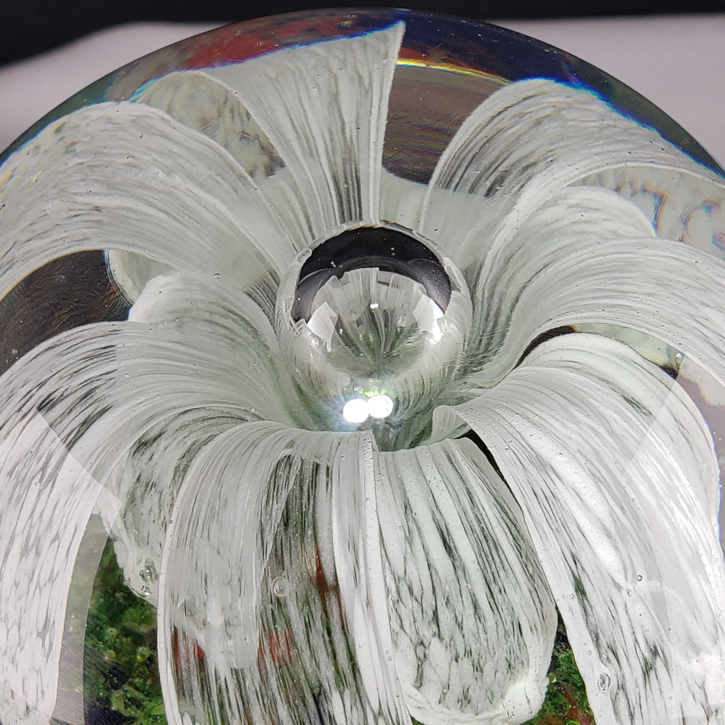 Large Glass Paperweight – Controlled Bubble With White Flower Petals