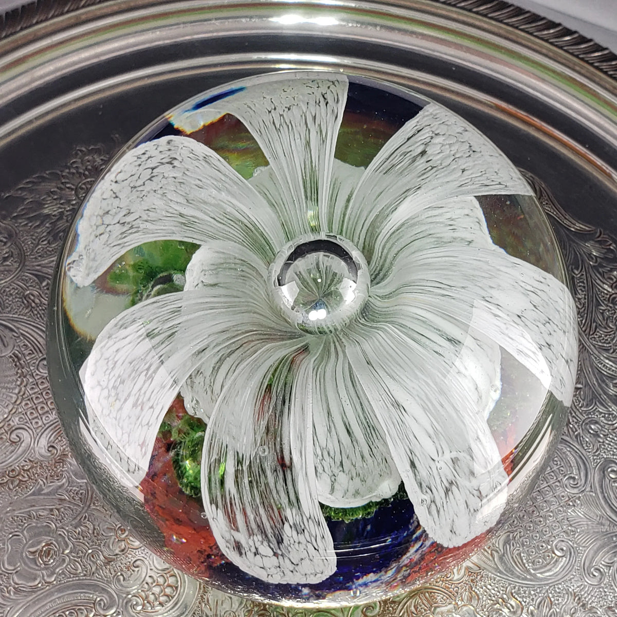 Large Glass Paperweight – Controlled Bubble With White Flower Petals