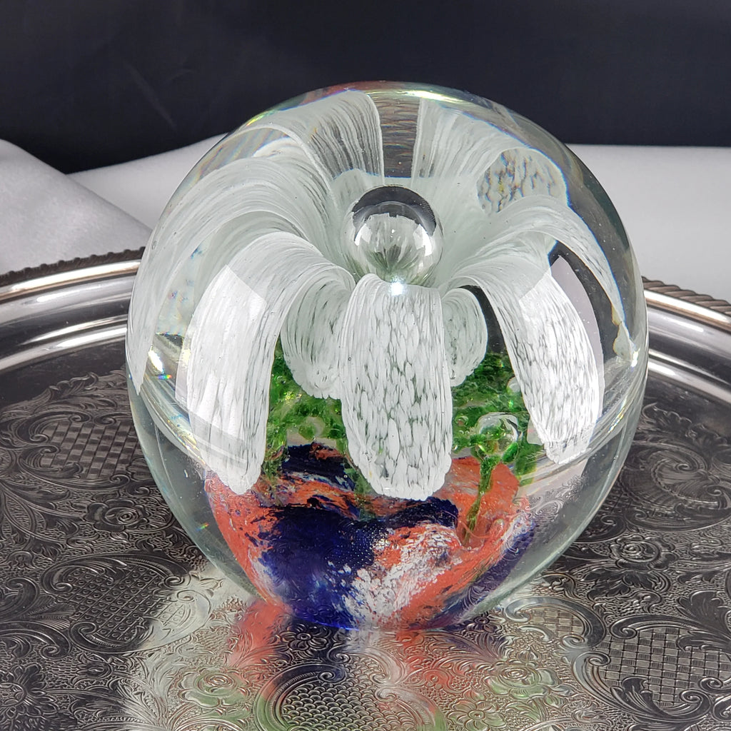 Large Glass Paperweight – Controlled Bubble With White Flower Petals