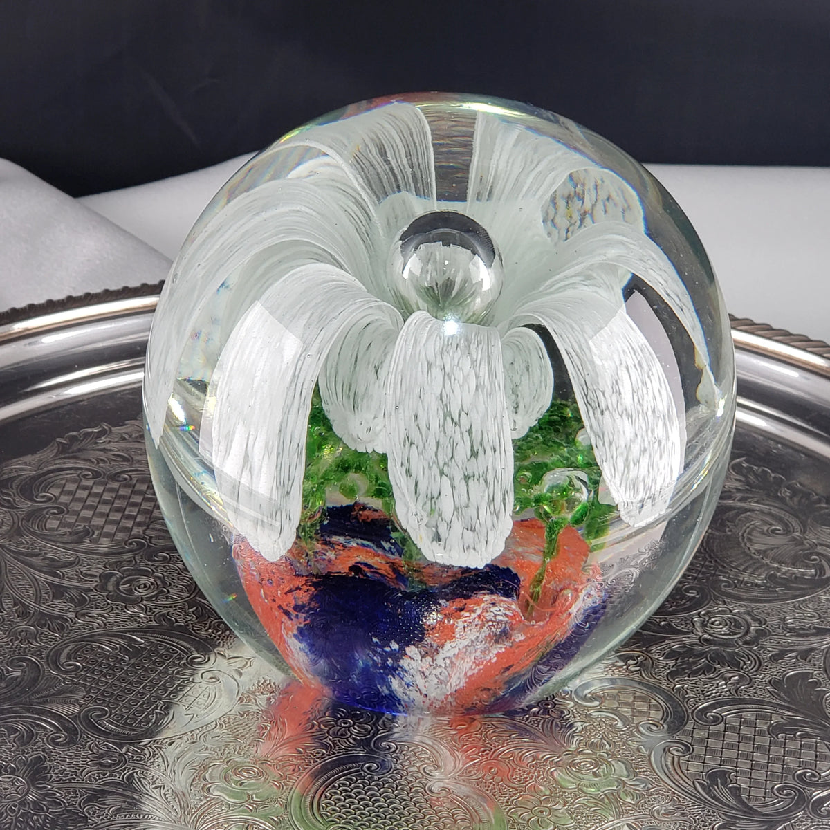 Large Glass Paperweight – Controlled Bubble With White Flower Petals