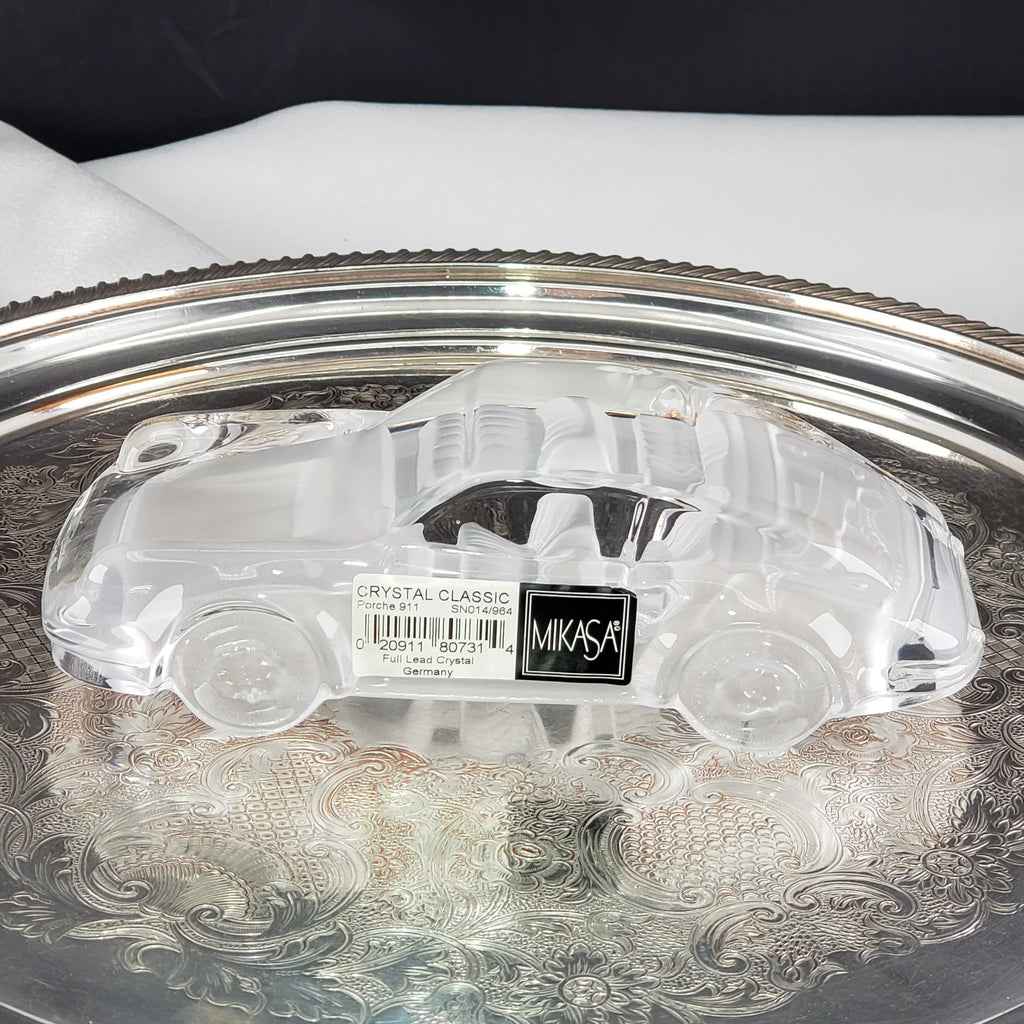 Mikasa Crystal Classic Porsche 911 collectible car figurine on a silver tray.