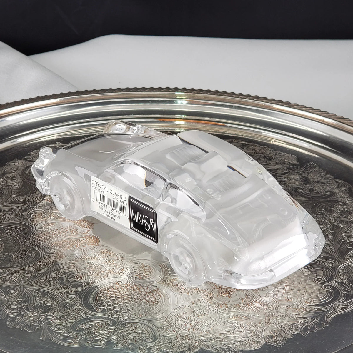 Mikasa crystal classic car collectible figurine on a vintage silver tray.