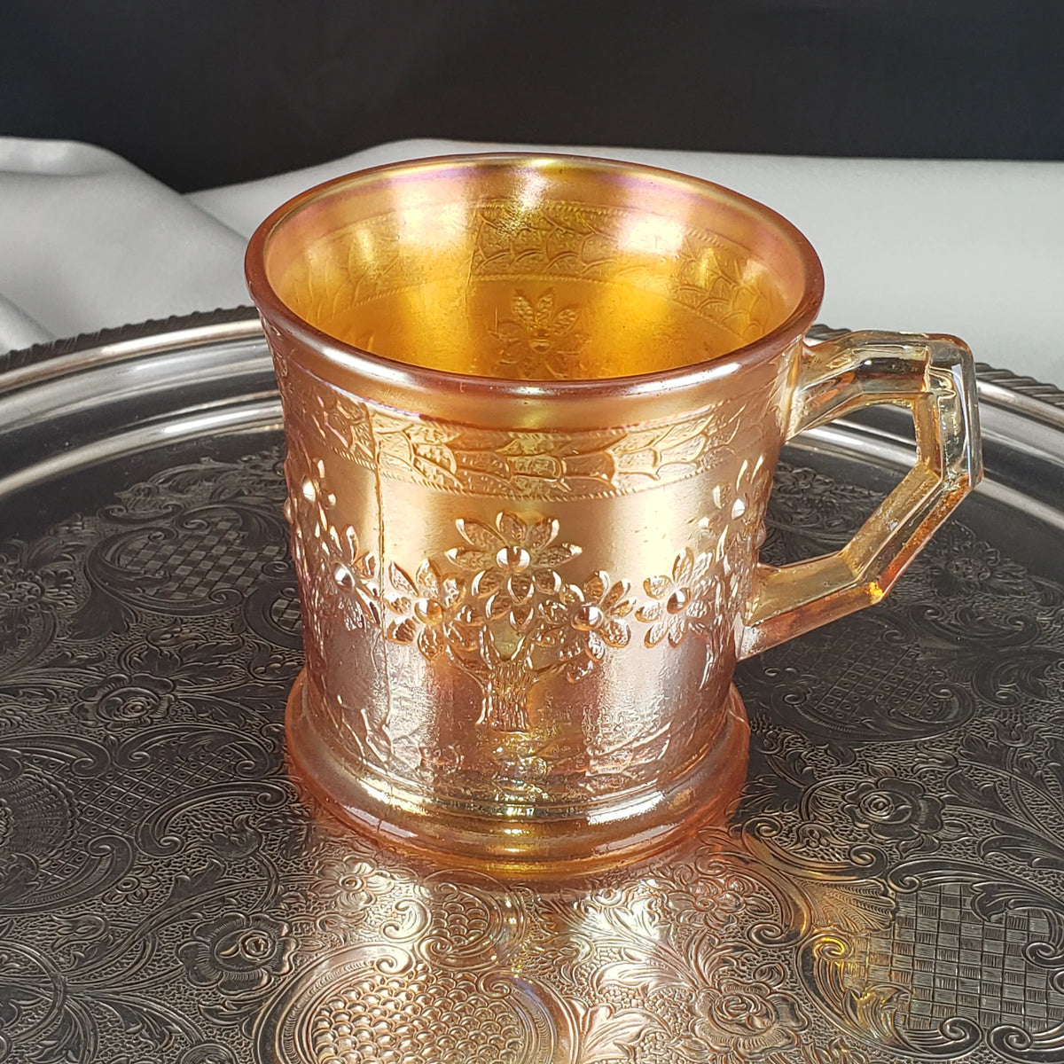 Antique Marigold Orange Tree Mug – Fenton Carnival Glass – Early 1900s