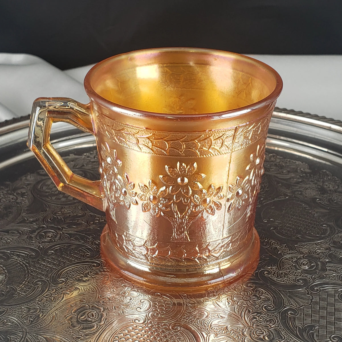Antique Marigold Orange Tree Mug – Fenton Carnival Glass – Early 1900s