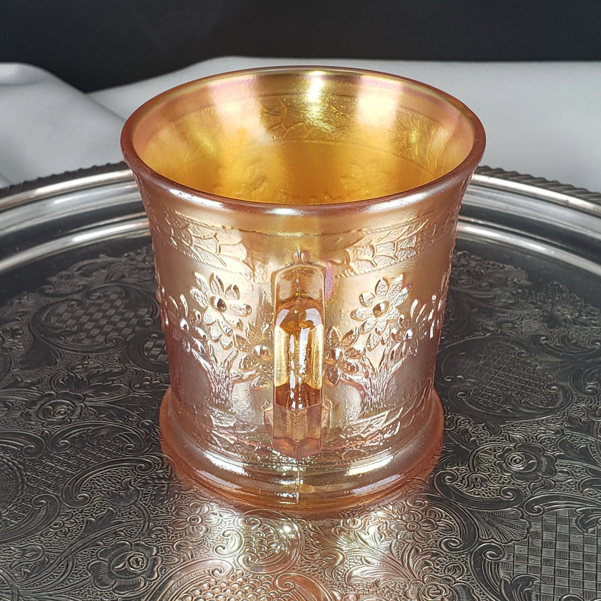 Antique Marigold Orange Tree Mug – Fenton Carnival Glass – Early 1900s