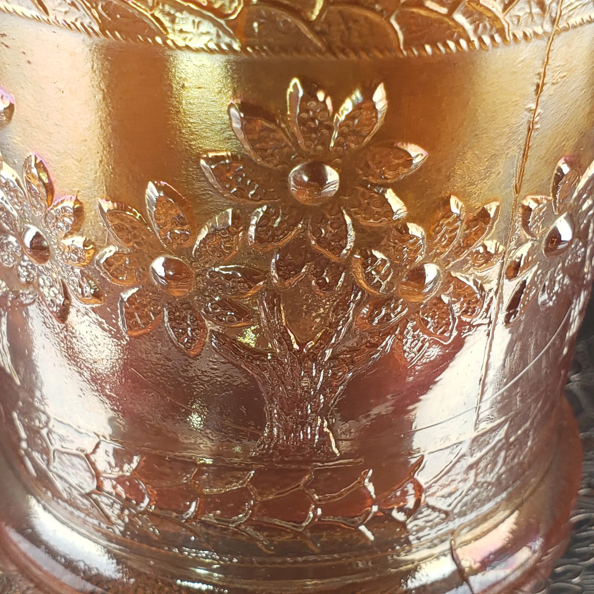 Antique Marigold Orange Tree Mug – Fenton Carnival Glass – Early 1900s