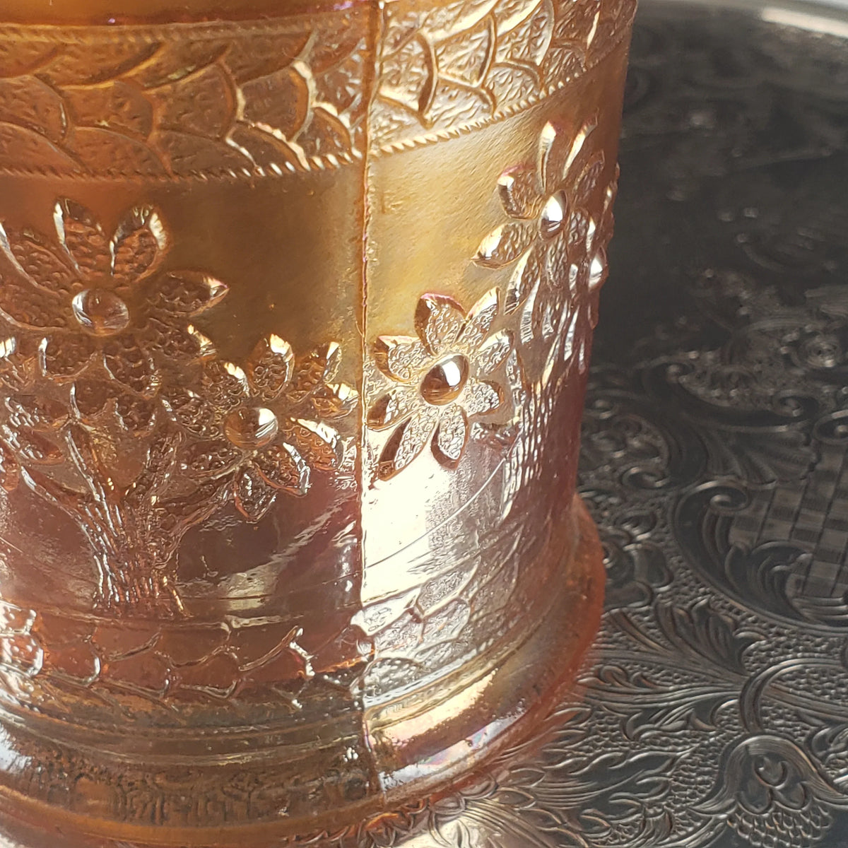 Antique Marigold Orange Tree Mug – Fenton Carnival Glass – Early 1900s