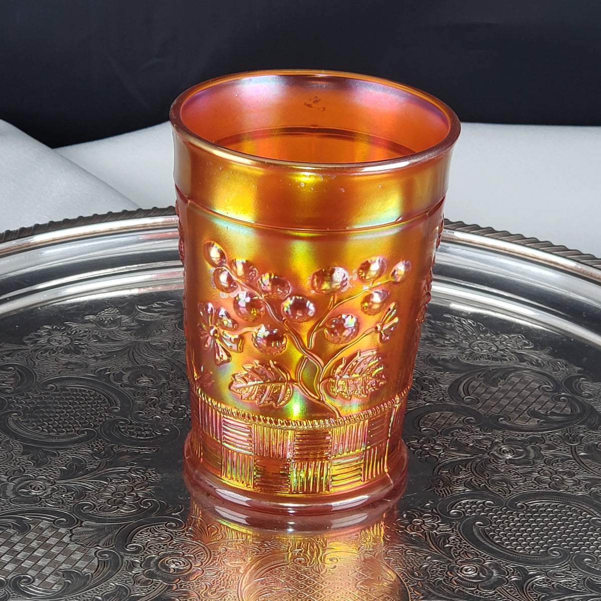 Antique Carnival Glass Tumbler – Marigold – Northwood Glass – Raspberry Pattern