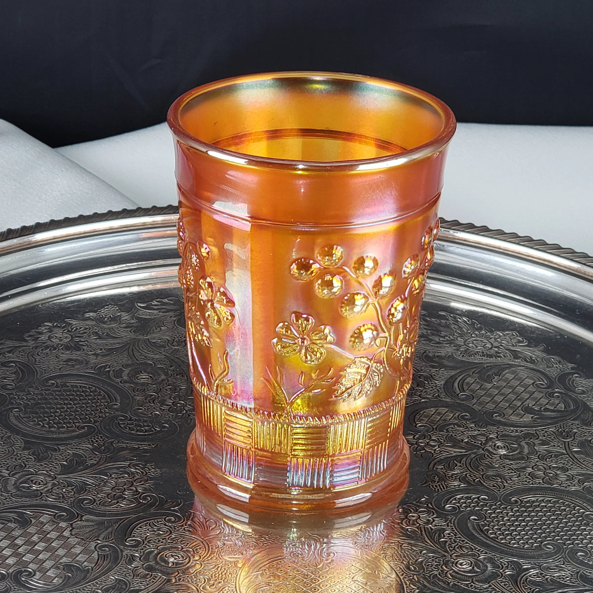 Antique Carnival Glass Tumbler – Marigold – Northwood Glass – Raspberry Pattern