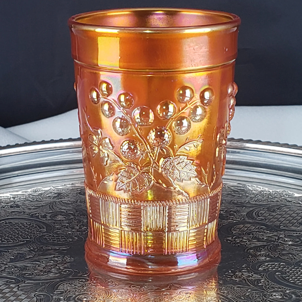 Antique Carnival Glass Tumbler – Marigold – Northwood Glass – Raspberry Pattern