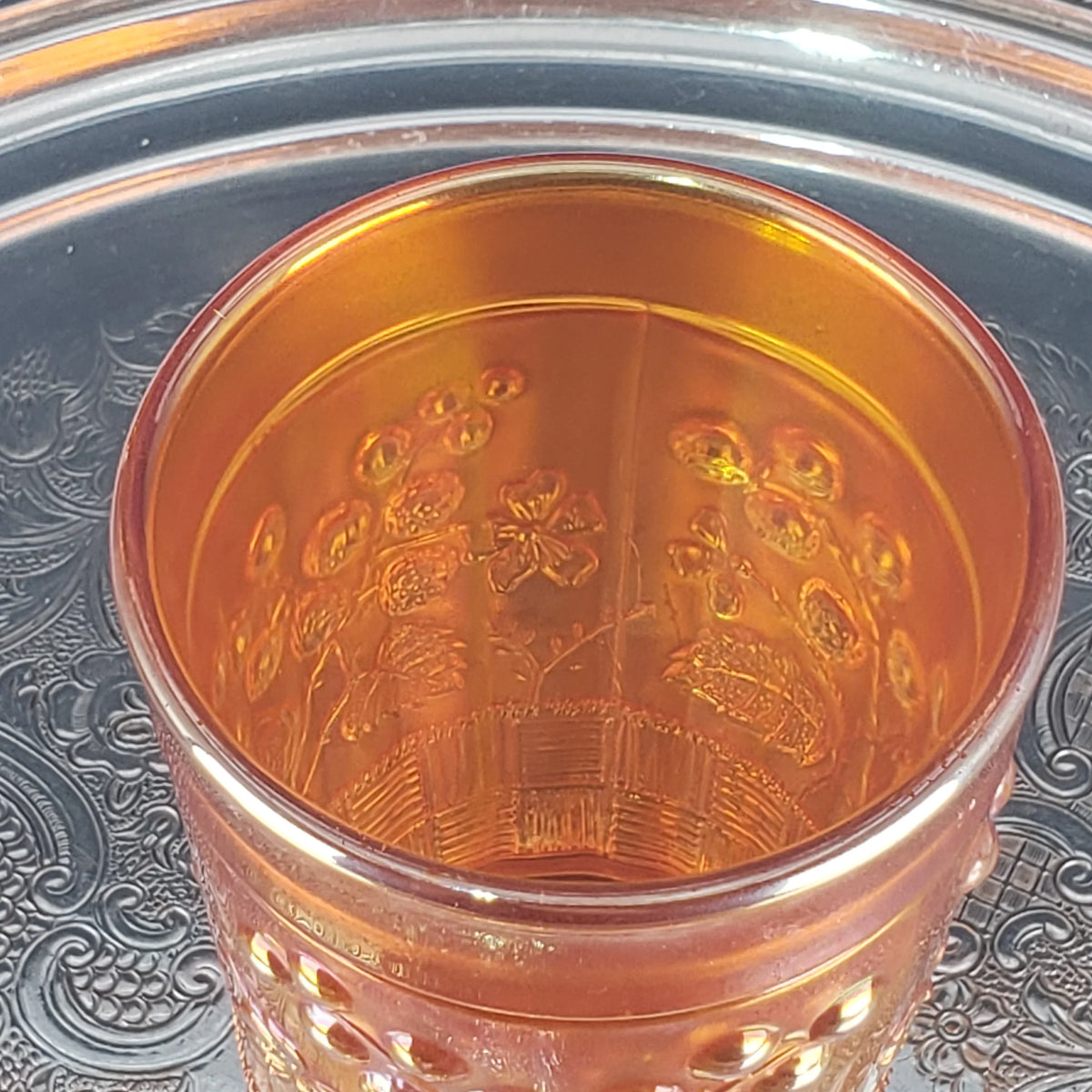 Antique Carnival Glass Tumbler – Marigold – Northwood Glass – Raspberry Pattern