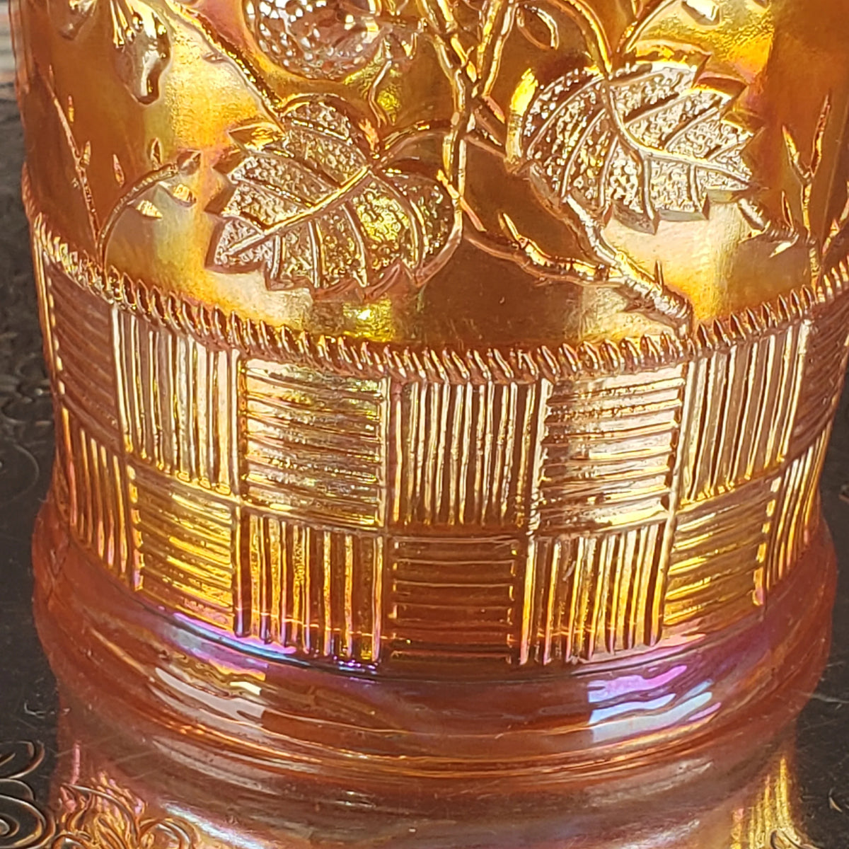 Antique Carnival Glass Tumbler – Marigold – Northwood Glass – Raspberry Pattern