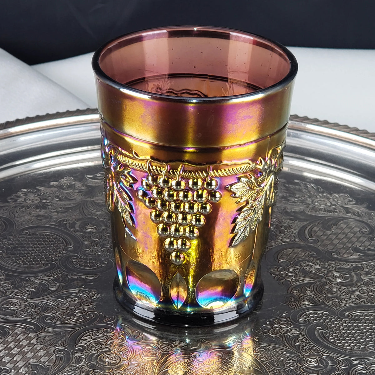 Antique Grape & Cable Amethyst Tumbler – Northwood Carnival Glass – Early 1900s