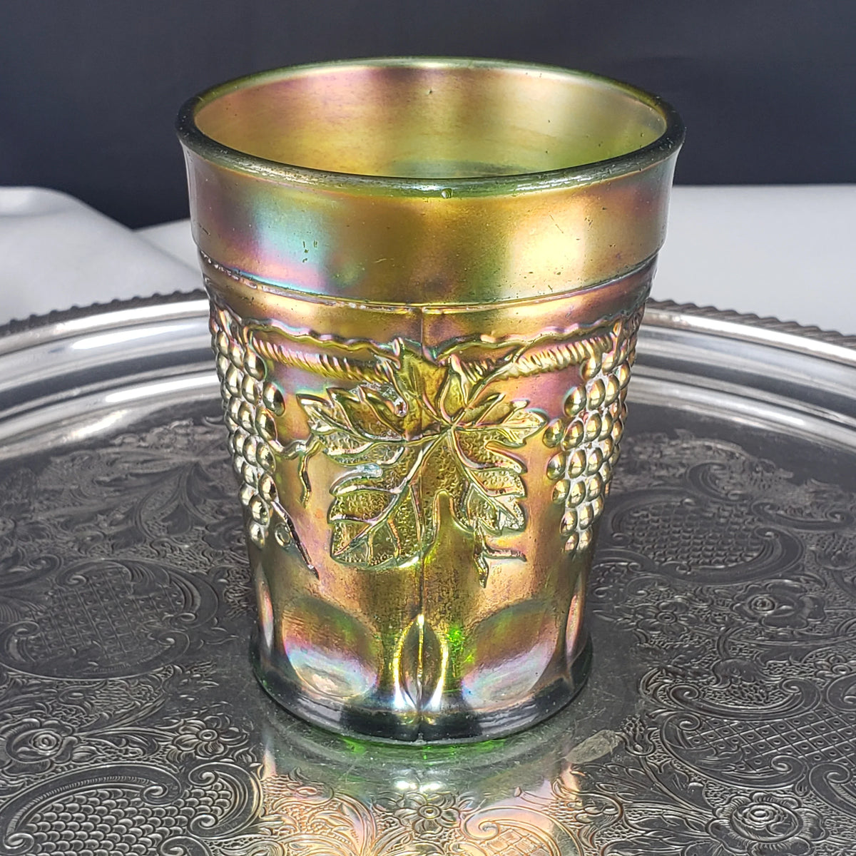 Antique Grape & Cable Tumbler – Northwood Glass – Green Carnival Glass – Early 1900s