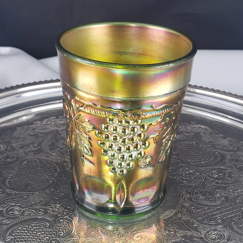 Antique Grape & Cable Tumbler – Northwood Glass – Green Carnival Glass – Early 1900s