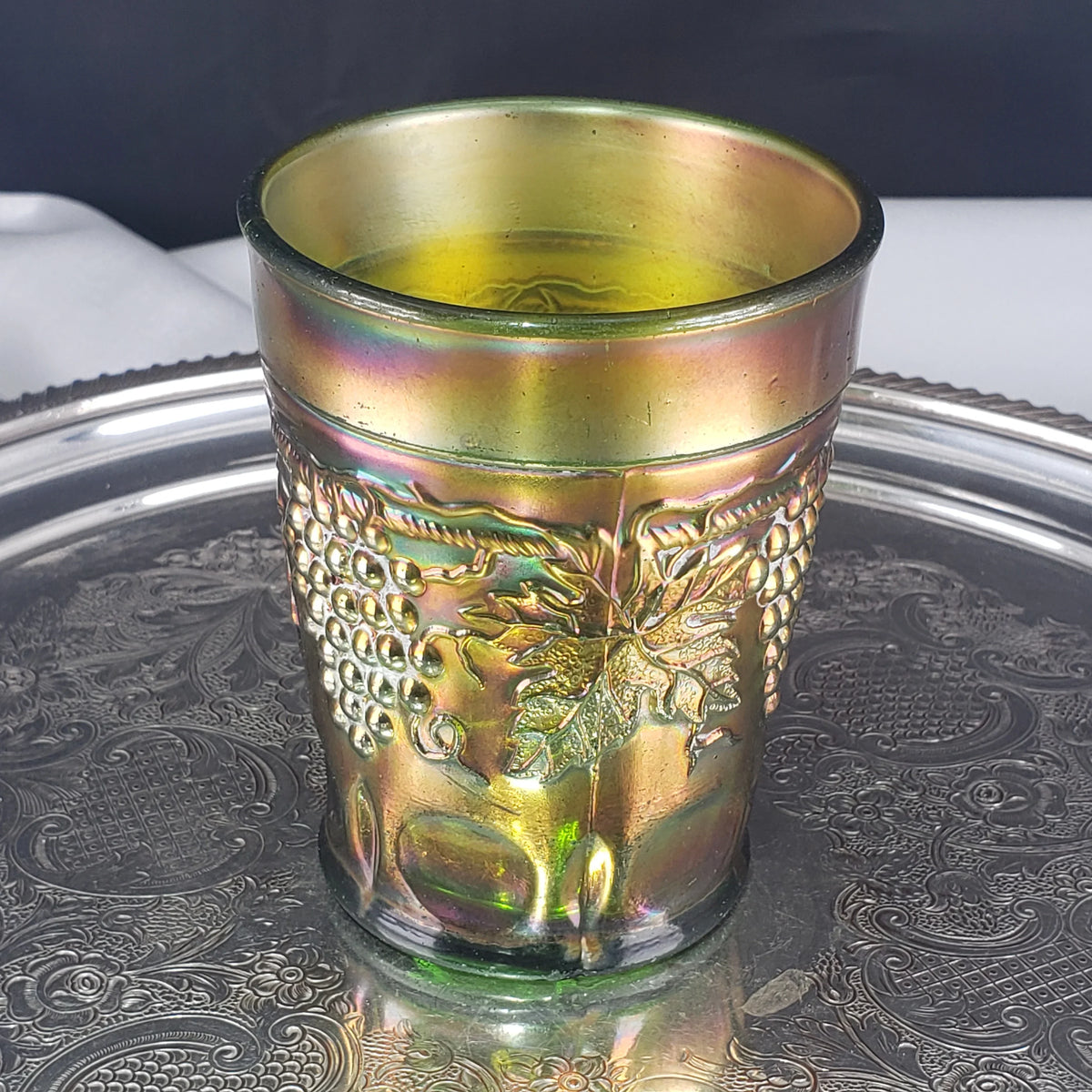 Antique Grape & Cable Tumbler – Northwood Glass – Green Carnival Glass – Early 1900s
