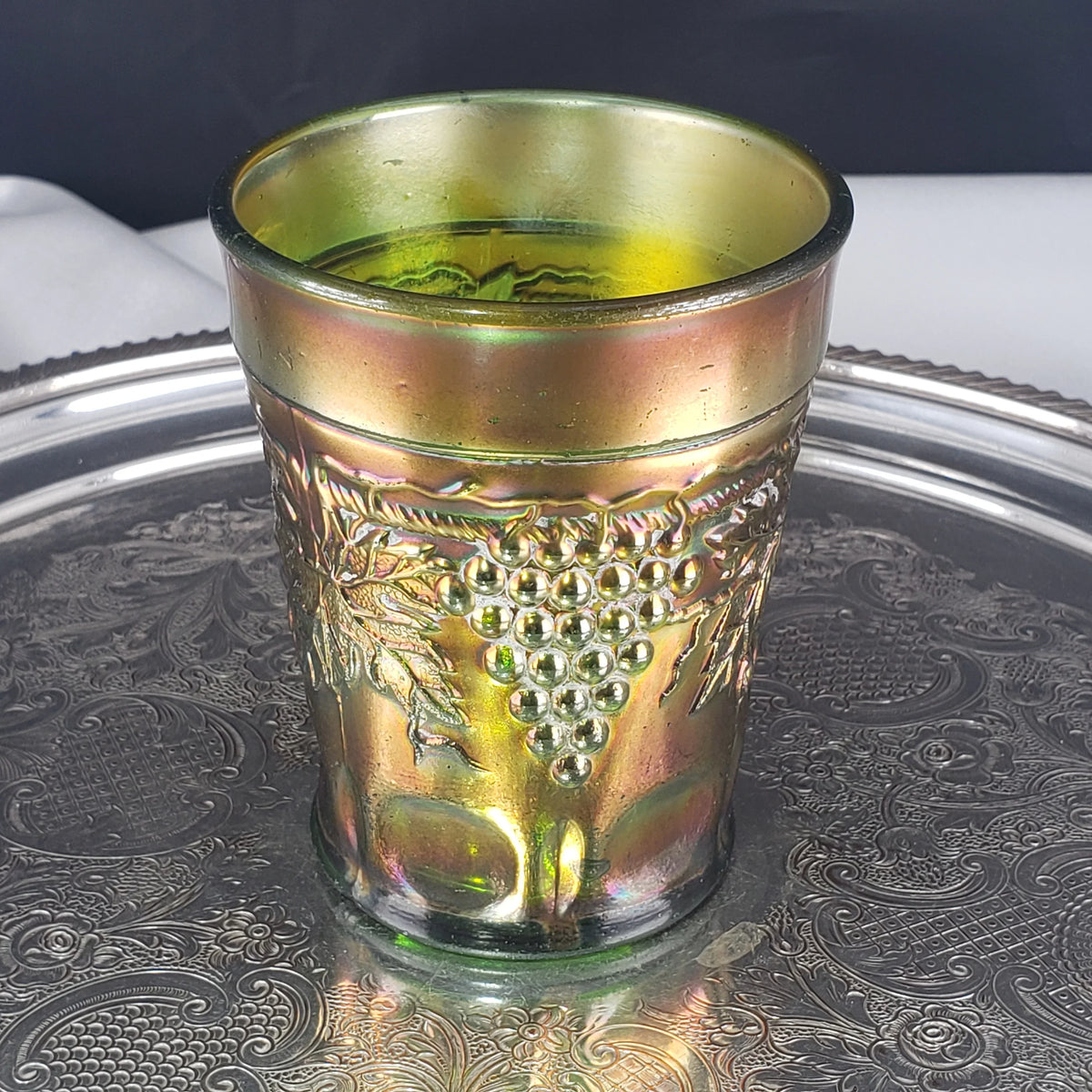 Antique Grape & Cable Tumbler – Northwood Glass – Green Carnival Glass – Early 1900s