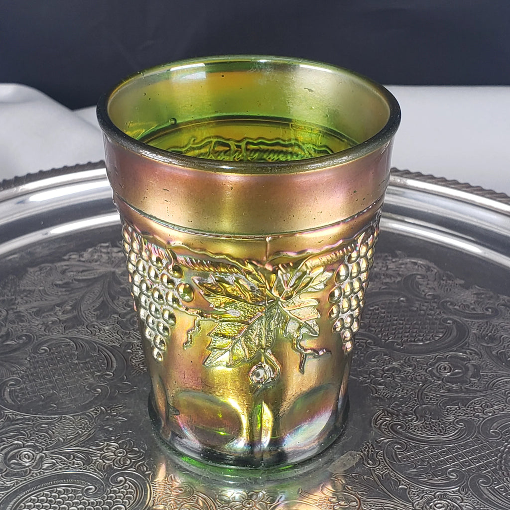 Antique Grape & Cable Tumbler – Northwood Glass – Green Carnival Glass – Early 1900s
