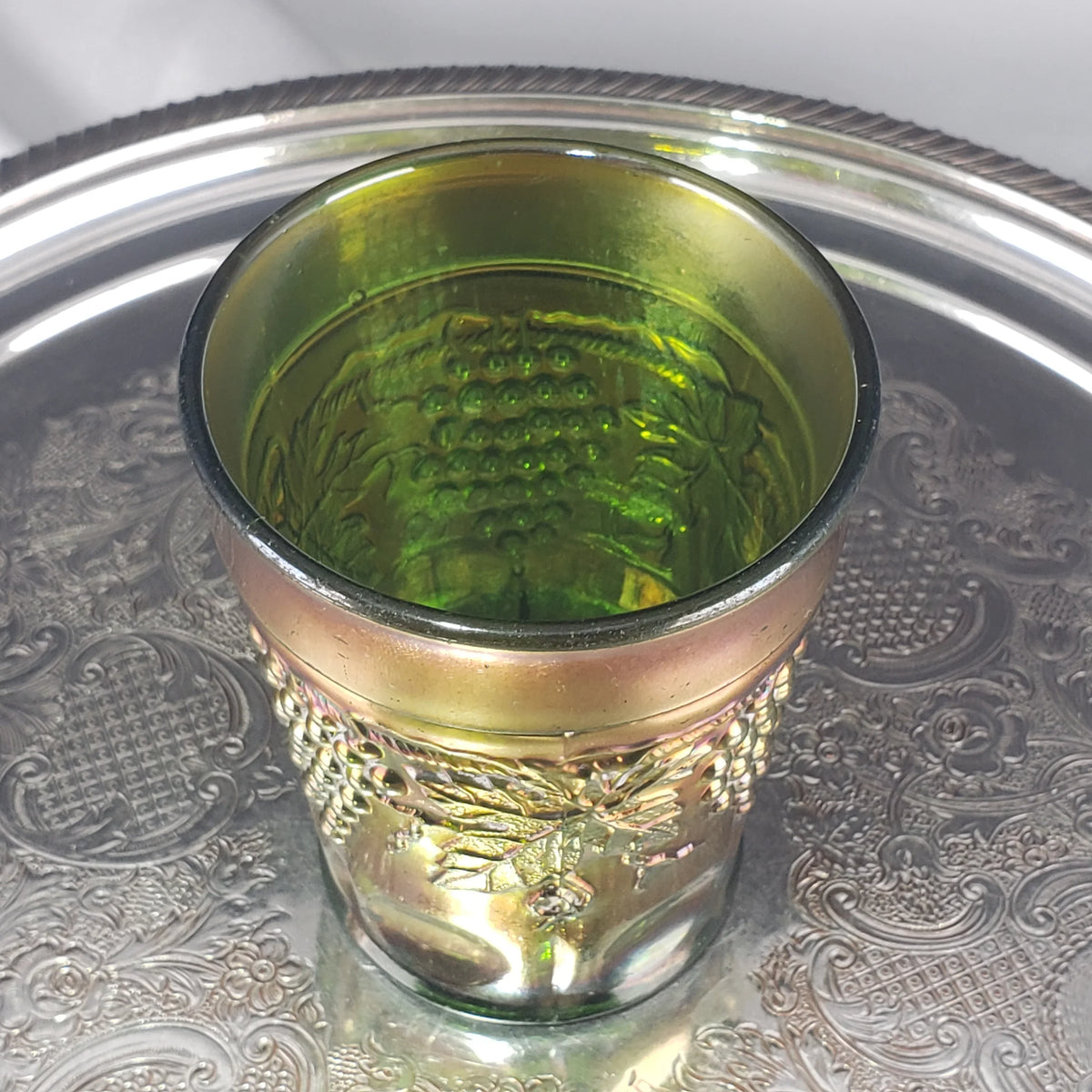Antique Grape & Cable Tumbler – Northwood Glass – Green Carnival Glass – Early 1900s